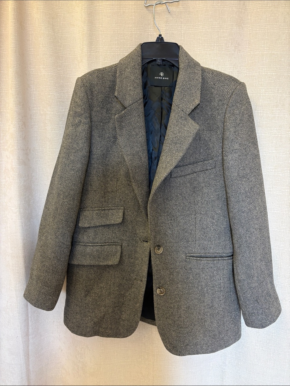 Anine Bing Gray Herringbone Wool Blazer